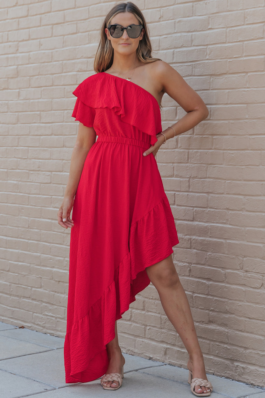 Red One Shoulder Ruffle High Low Maxi Dress