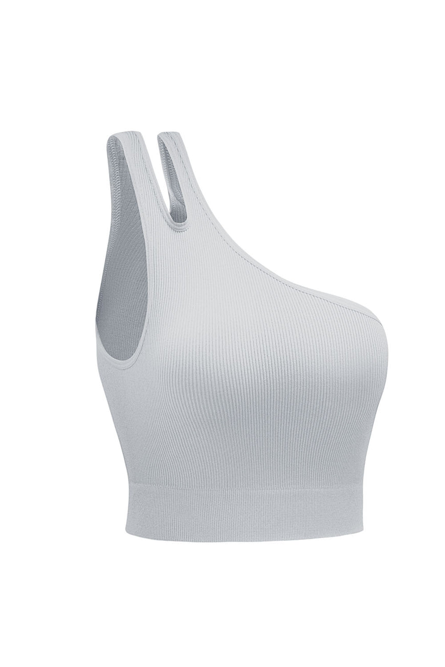 Gray Single Split Shoulder Ribbed Sports Bra