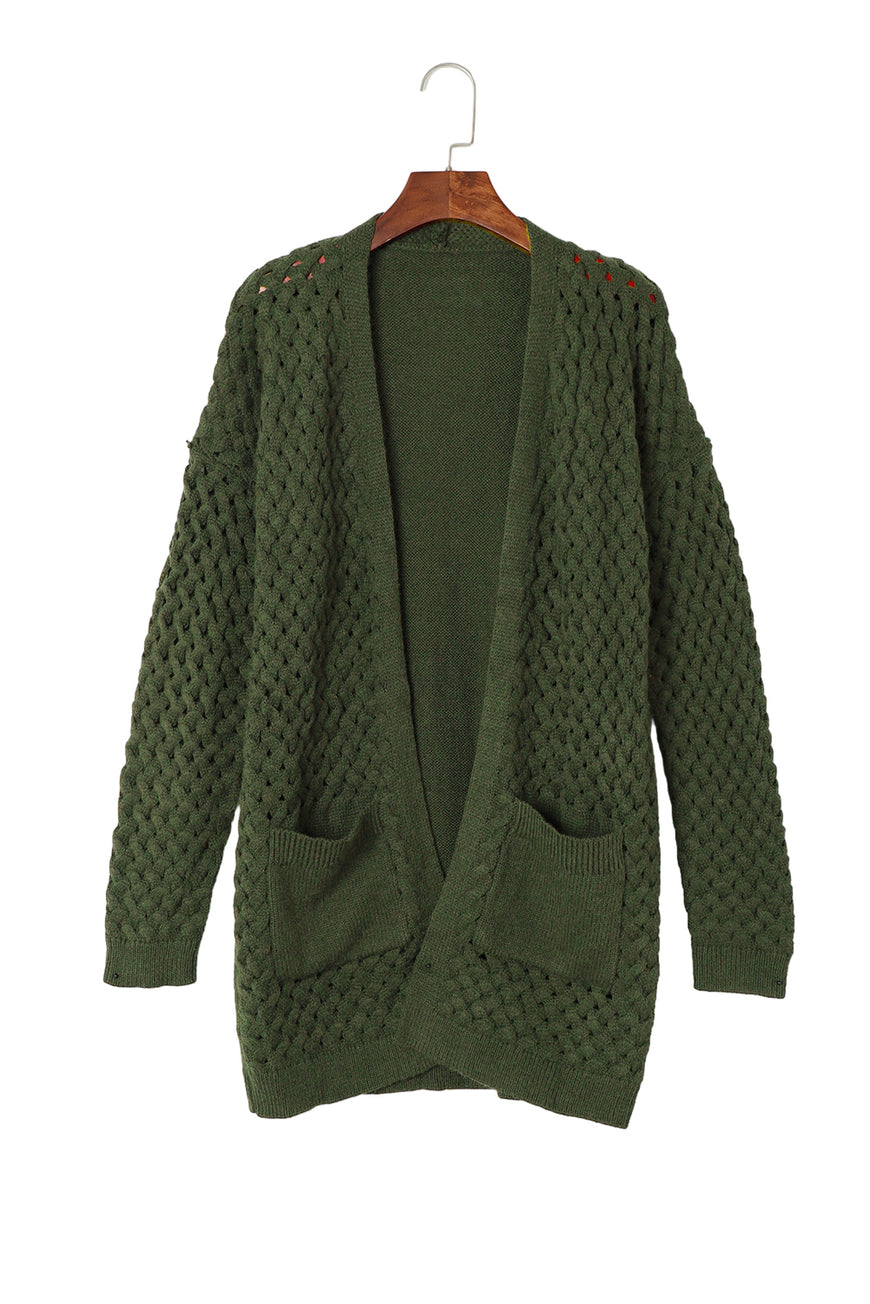 Green Open Front Woven Texture Knitted Cardigan with Pockets