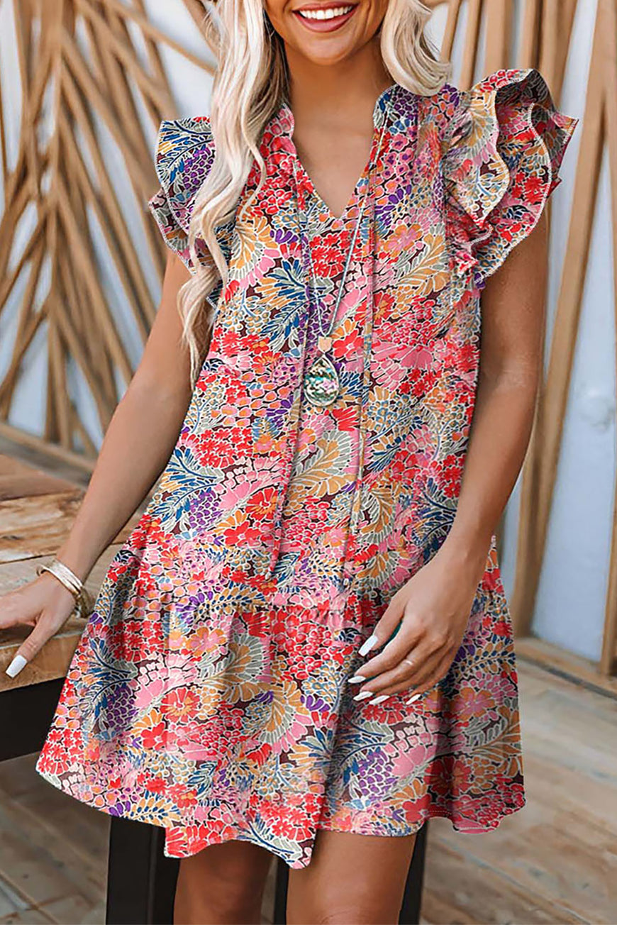 Multicolor Gorgeous Floral Print Tie V Neck Ruffle Dress