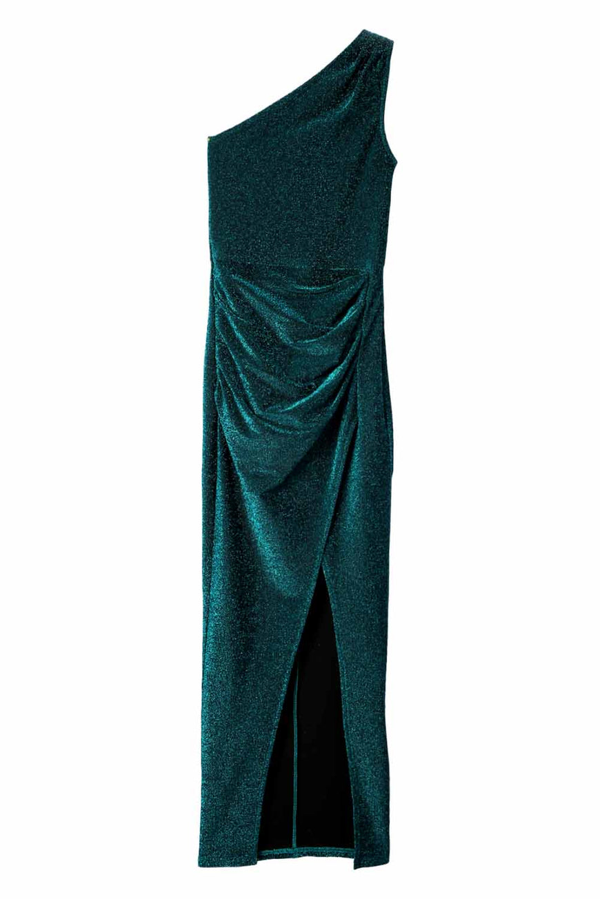 Green One Shoulder High Slit Glitter Dress