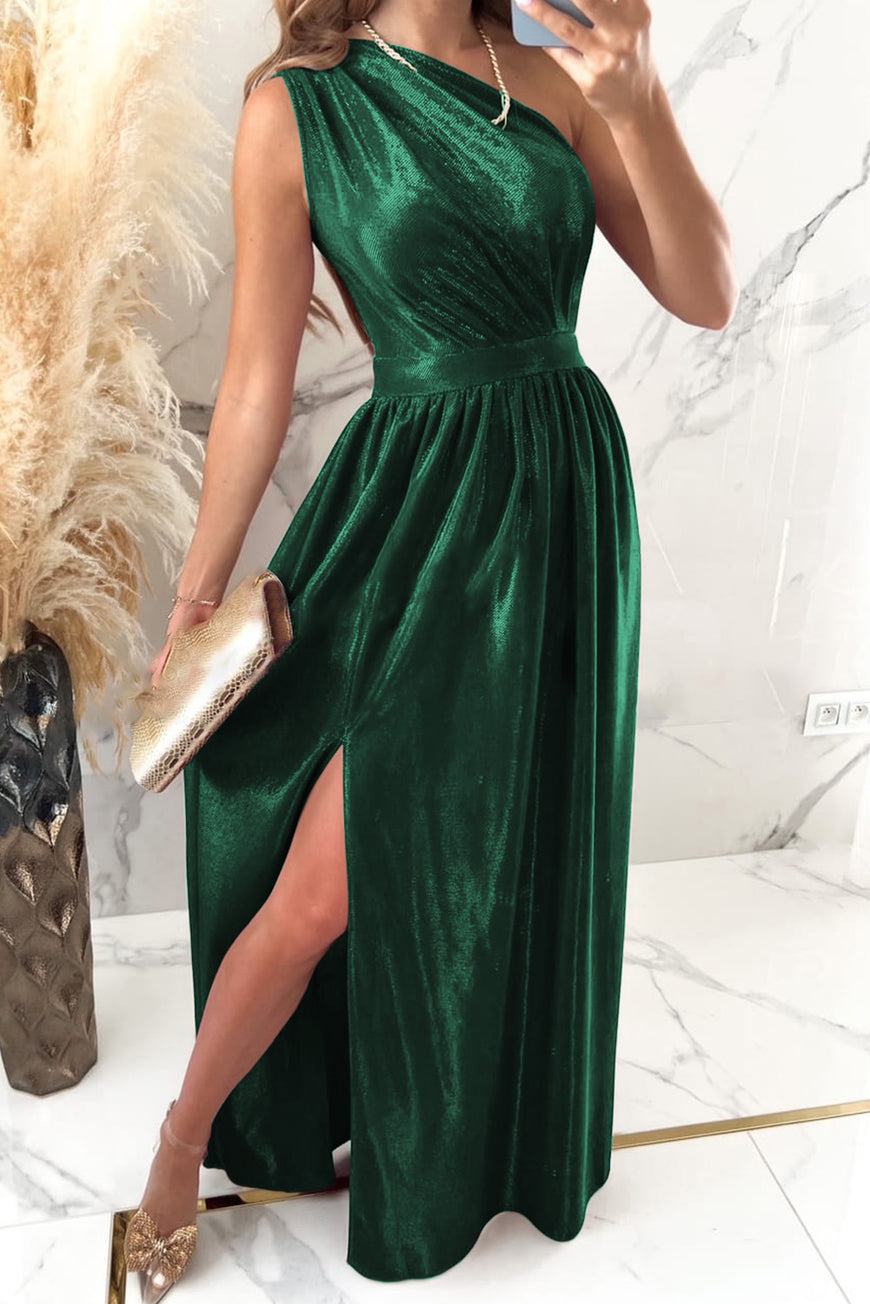 Green Shiny Velvet One Shoulder Long Split Dress