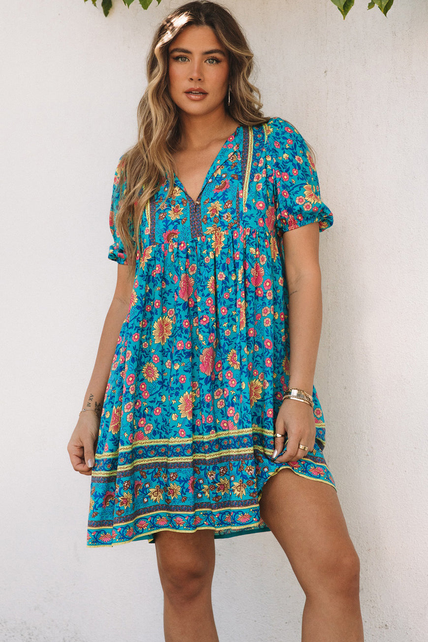 Blue Floral Print Empire Waist Flowy Dress