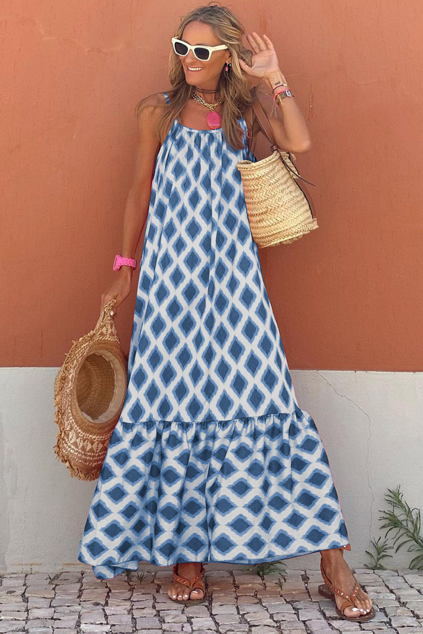 Blue Geometric Print Loose Fit Sleeveless Maxi Dress