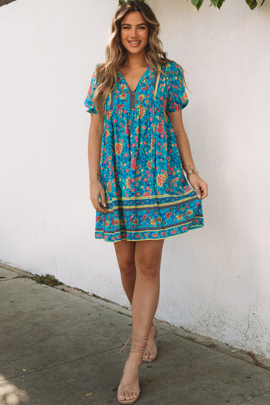 Blue Floral Print Empire Waist Flowy Dress