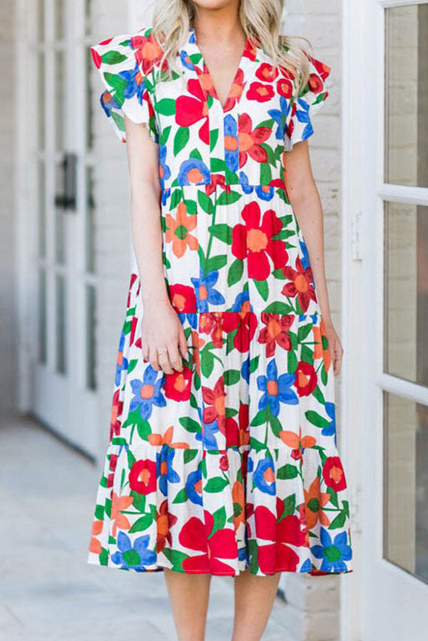 Multicolor Flutter Sleeve V Neck High Waist Floral Midi Dress