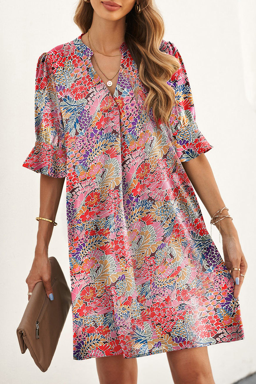 Multicolor Boho Floral Printed Flutter Sleeve Dress