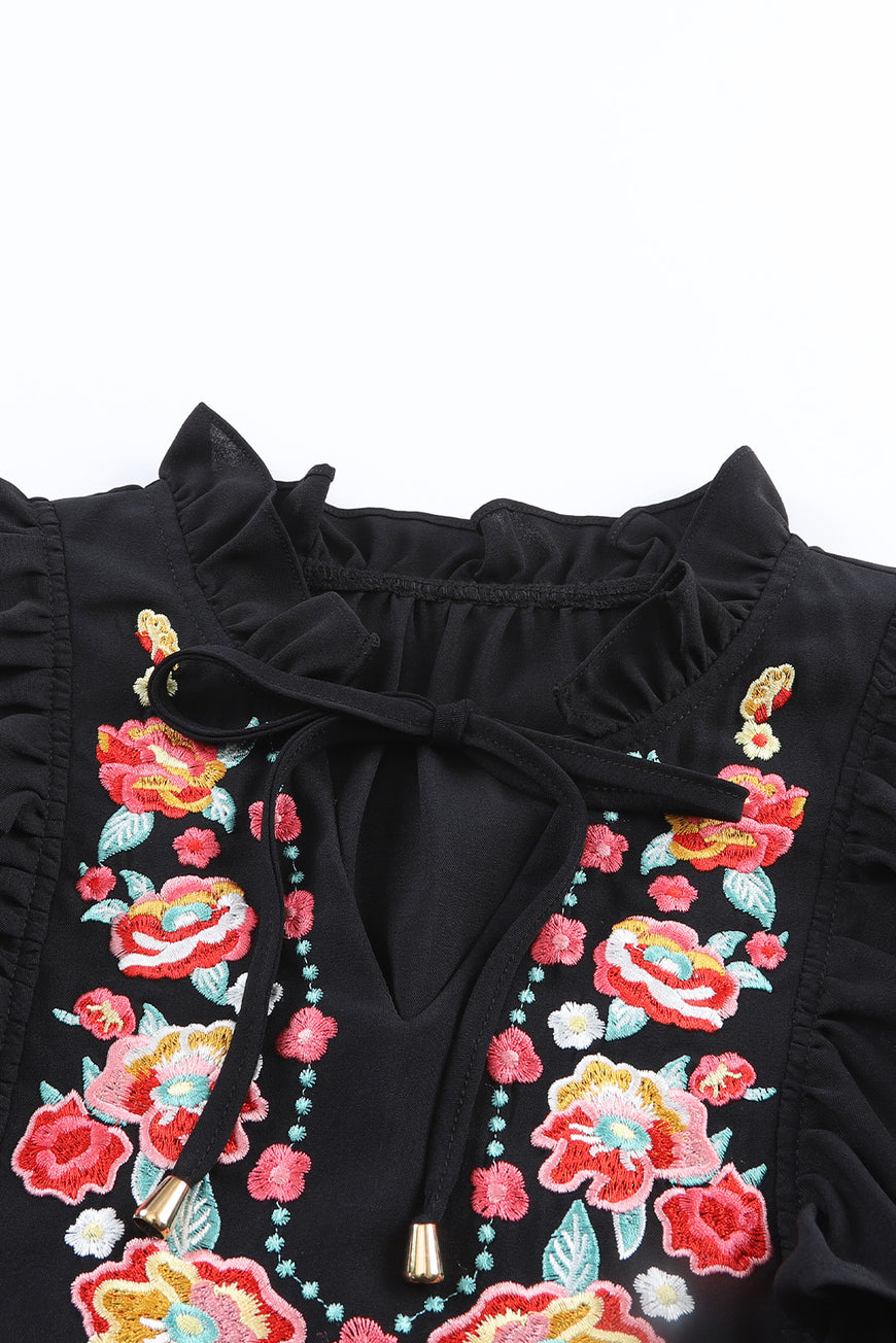 Black Floral Embroidered Ruffle Sleeve Shift Dress