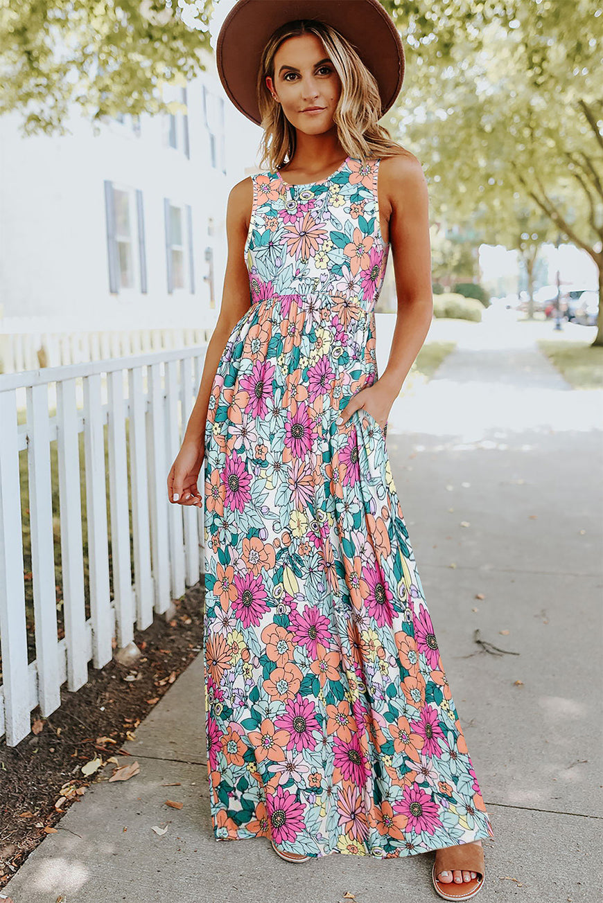 Multicolor Floral Print High Waist Sleeveless Maxi Dress