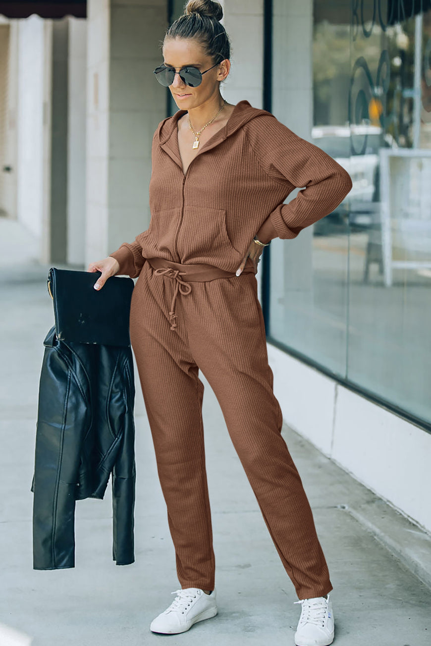 Brown Waffle Knit Zip-Up Hoodie and Pants Athleisure Outfit