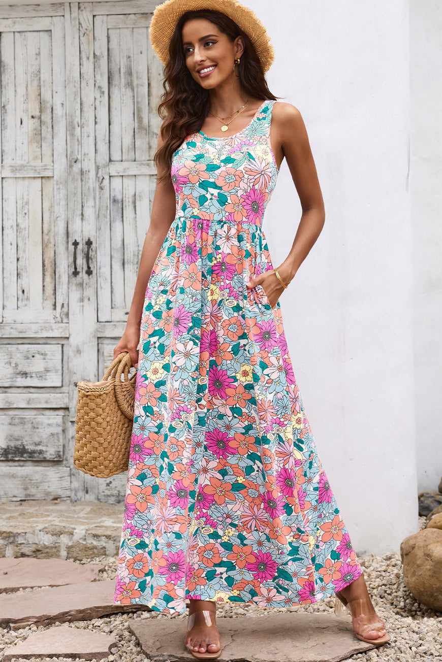 Multicolor Floral Print High Waist Sleeveless Maxi Dress