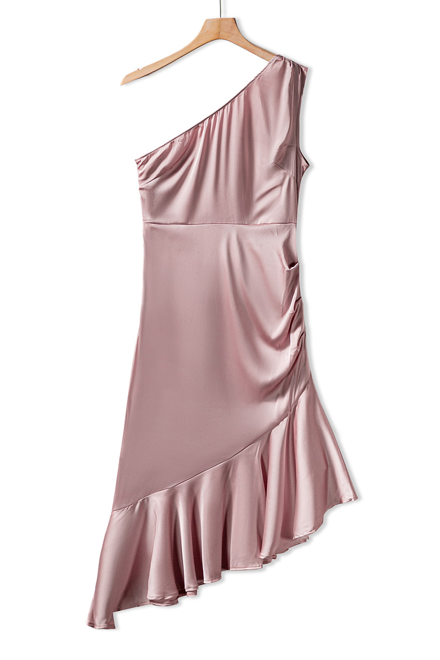 Pink Asymmetric One-shoulder Ruffle Cocktail Party Dress