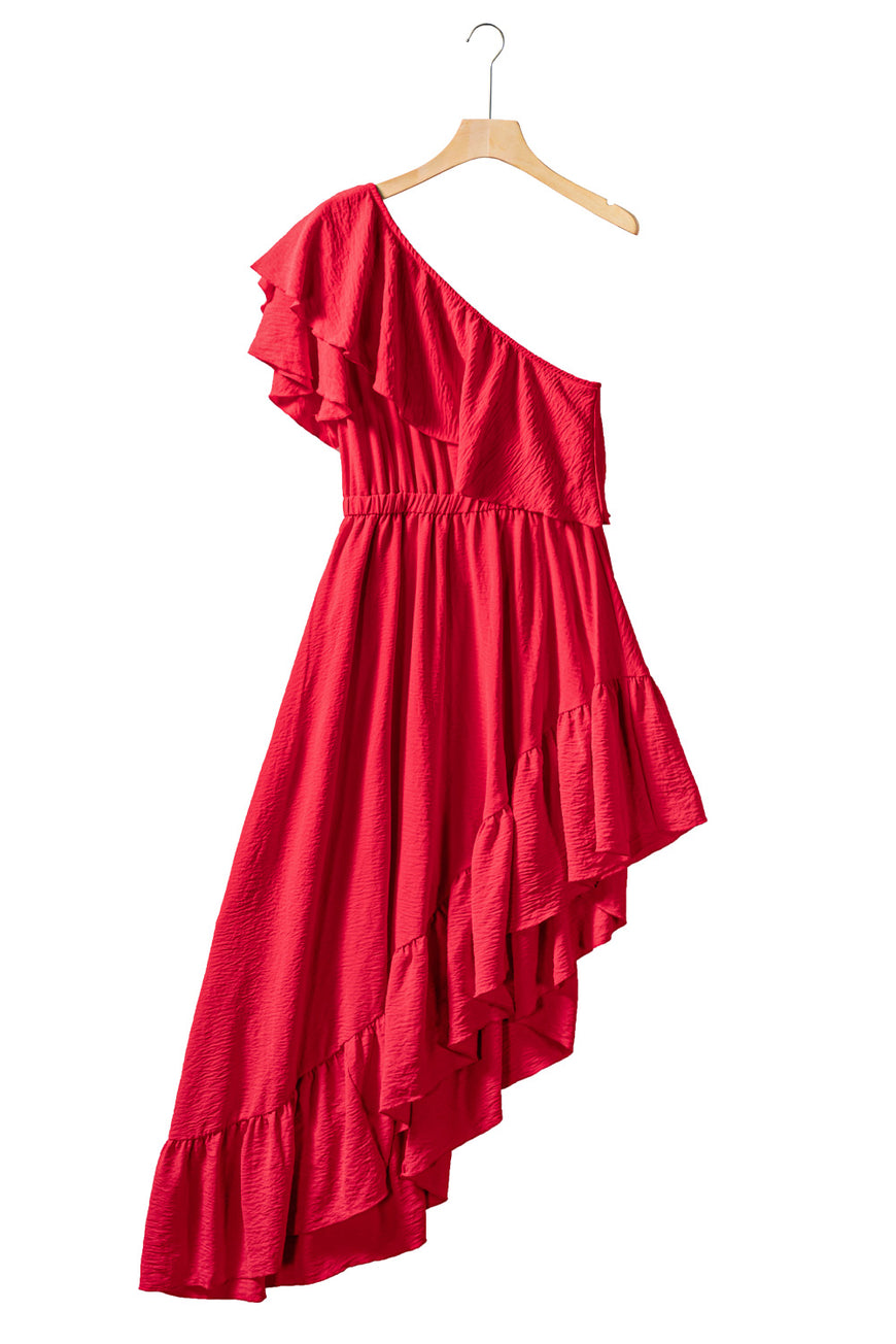 Red One Shoulder Ruffle High Low Maxi Dress