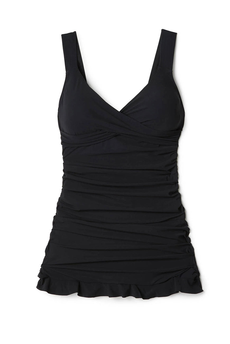 Black Criss Cross Ruched Ruffled Two Piece Tankini Set