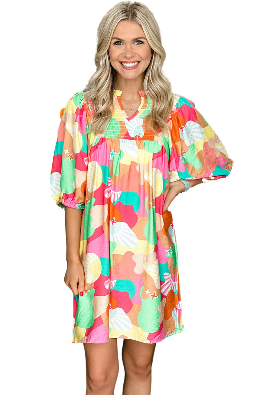 Multicolor Abstract Print Notch V Neck Puff Sleeve Dress